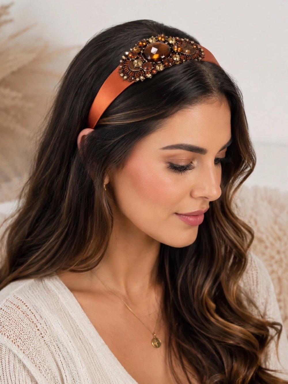 Embellished Satin Headband in Burnt Orange